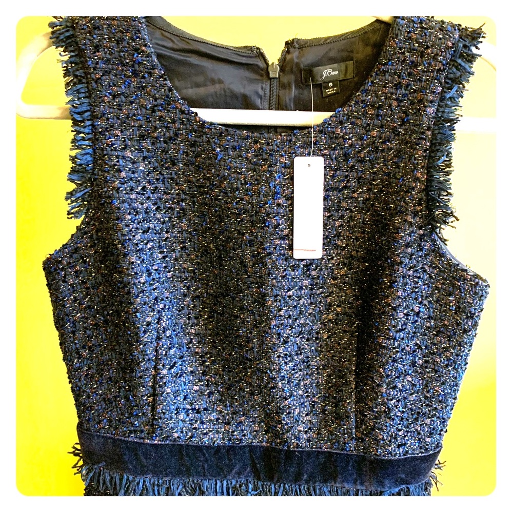 NWT J Crew Tweed Blue/Black Gold Dress, Size 6